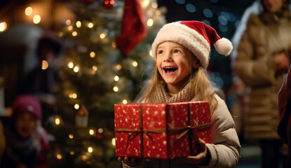 Fototapeta na wymiar little girl in santa claus hat with gift boxes