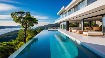 Fototapeta premium Luxurious decorative balcony terrace with view outside of modern mansion. Residence luxury villa with large swimming pool. Luxury modern estate property on hill with sea view, vacation, tourism
