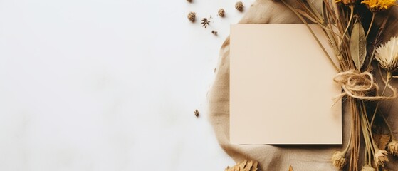 flat lay features a notebook, dried flowers, and vintage paper, creating a nostalgic and romantic ambiance, inviting creative or sentimental expression amidst the preserved beauty of florals