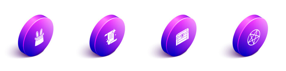 Set Isometric Magician hat and rabbit ears, Ancient magic book, Antique treasure chest and Pentagram in circle icon. Vector