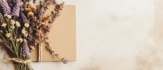 flat lay features a notebook, dried flowers, and vintage paper, creating a nostalgic and romantic ambiance, inviting creative or sentimental expression amidst the preserved beauty of florals