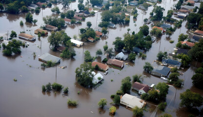 Flooded houses due to hurricane rain in a residential area. Consequences of a natural disaster