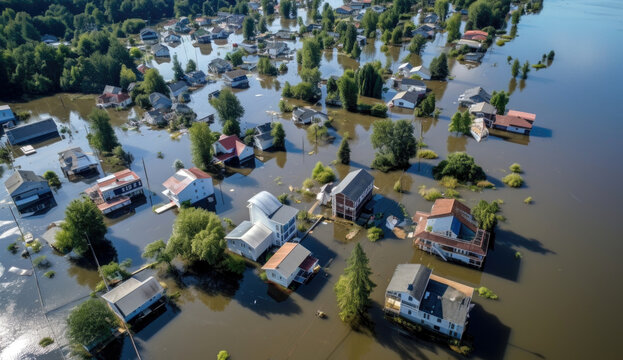 Flooded houses due to hurricane rain in a residential area. Consequences of a natural disaster