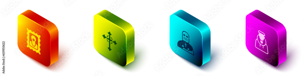 Poster set isometric christian icon, cross, knight crusader and monk icon. vector