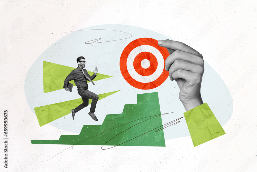 Aufkleber Creative abstract template graphics collage image of smiling purposeful guy running achieving aim isolated white color background