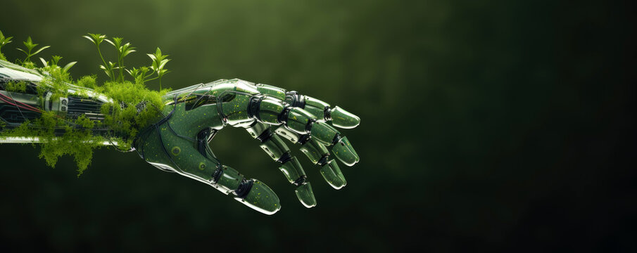 Green technology conceptual design, human arm covered with grass and lush and robotic hand, 3d render 