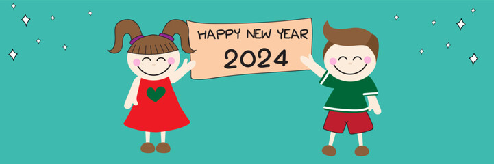 Cute girl and boy holding Happy New Year 2024 sign, Minimalistic trendy background for branding, banner, cover, card, Website for children, background for kid banner.