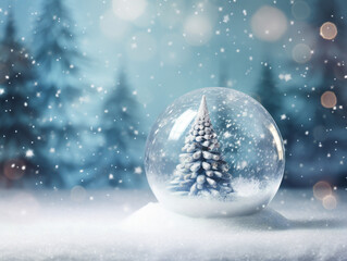 Fototapeta na wymiar A festive glass ball ornament with a miniature tree inside, set against a snowy winter background.