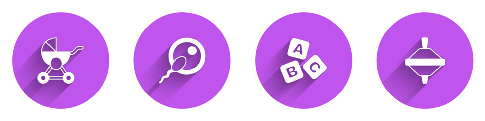 Set Baby stroller, Sperm, ABC blocks and Whirligig toy icon with long shadow. Vector