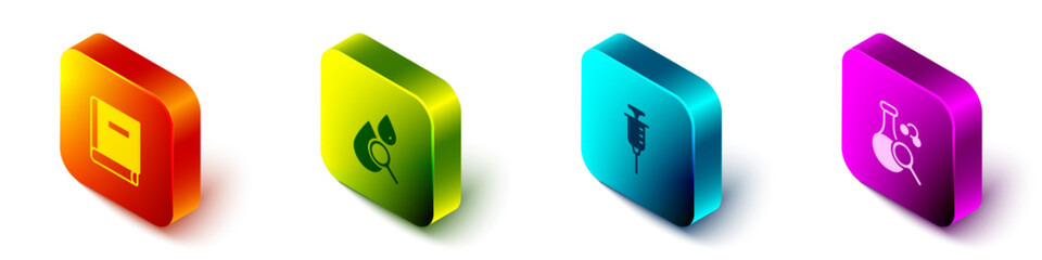 Set Isometric Science book, Drop and magnifying glass, Syringe and Test tube icon. Vector