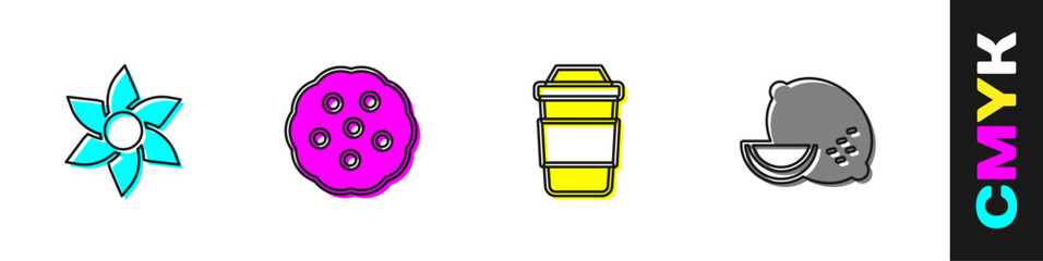 Set Flower, Cookie or biscuit, Cup of tea and Lemon icon. Vector