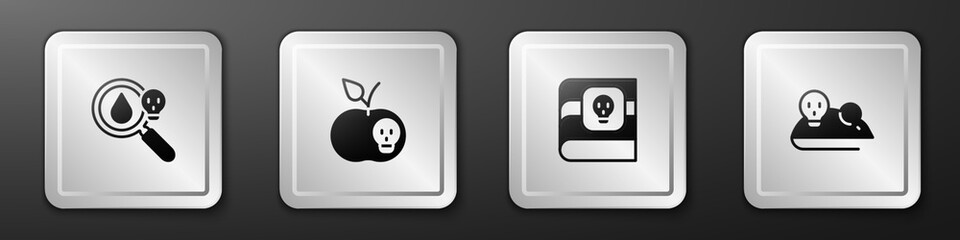 Set Poison magnifying glass, apple, Book about poisons and Experimental mouse icon. Silver square button. Vector