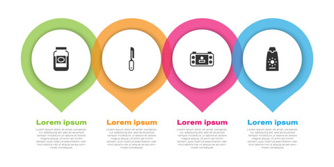 Set Jam jar, Knife, Portable video game console and Sunscreen cream in tube. Business infographic template. Vector