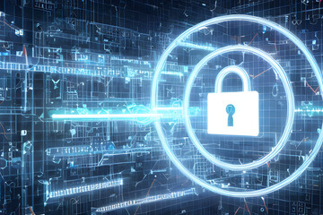 Software Computer Privacy Digital Lock With Keyhole On Blue Neon Laser Virtual Cybersecurity Theme Background 3D render style