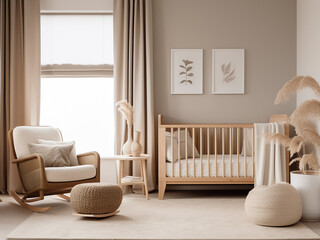 Chic beige nursery room with modern furniture. AI Generation.