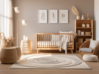 Serene light wood nursery room with cozy furniture. AI Generation.