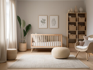 Stylish furniture complements this nursery room. AI Generation.