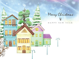cute christmas scene with winter town and characters background