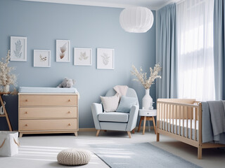 A calming blue nursery room featuring lovely furniture. AI Generation.