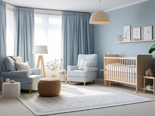 A dreamy blue nursery room with tasteful interior. AI Generation.
