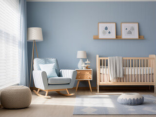 A whimsical blue nursery room complete with cozy furniture. AI Generation.