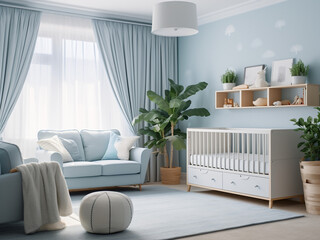 A cozy blue nursery room with beautiful furniture. AI Generation.