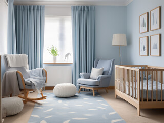 A stylish blue nursery room adorned with tasteful interior. AI Generation.