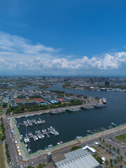 Aerial drone photo of Tainan City by drone in Taiwan. A bustling city, transportation shot from above. Aerial shot and photo background.