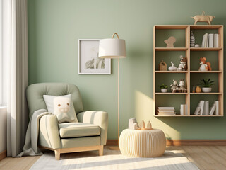 A soothing green nursery room with tasteful interior. AI Generation.