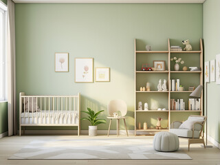 Cozy furniture accents in a lush green nursery room. AI Generation.
