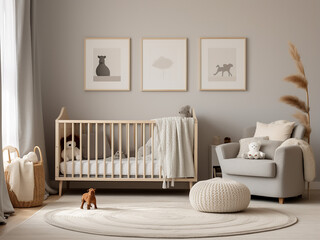 Serene gray nursery room with cozy furniture. AI Generation.