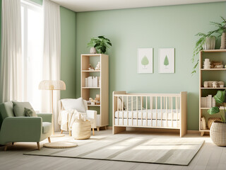 Green nursery room adorned with stylish furniture. AI Generation.