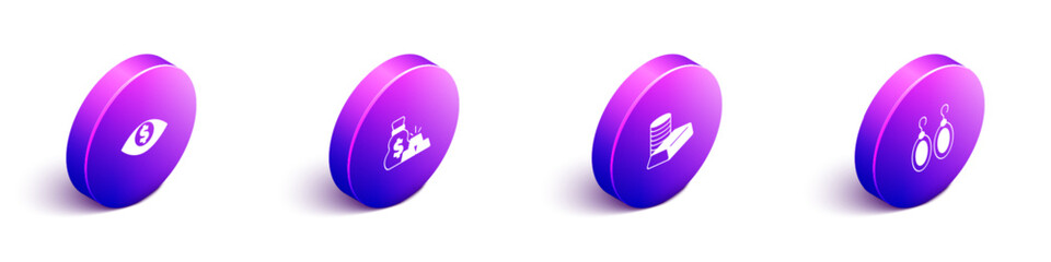 Set Isometric Eye with dollar, Bag of gold bars, Gold coin and Earrings icon. Vector