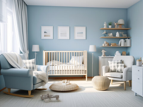 A delightful blue nursery room adorned with stylish interior. AI Generation.