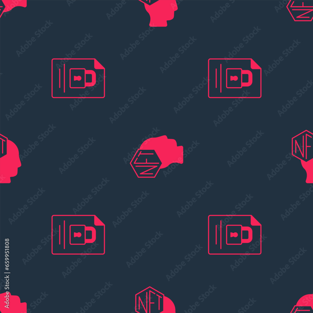 Poster set document and lock and nft digital crypto art on seamless pattern. vector