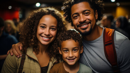 Cheerful multiracial family watching movie in cinema theater. Father, mother and son spending weekend together. Happy smiling parents and kid enjoying communication and shared leisure time.