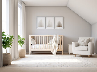 Inviting white nursery room designed for a cozy feel. AI Generation.