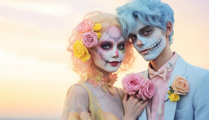 Two cute young couple models in pastel color fashionable suits posing. Minimal beautiful mask for halloween party. Creative concept.