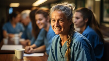 Obraz na płótnie Canvas Close up portrait of middle-aged female doctor or nurse in medical facility. Smiling clinician in blue uniform with a confident look. Mastering a sought-after specialty. Career choice concept.