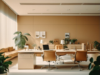 Neutral-toned office with furniture. AI Generation.