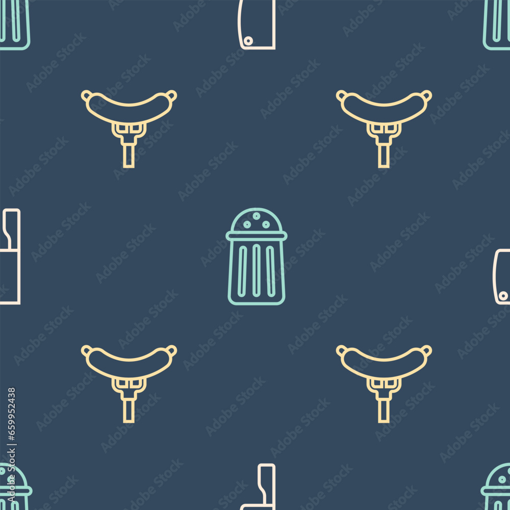 Poster set line meat chopper, sausage on the fork and salt on seamless pattern. vector