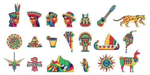 Vector Colorful Peru Icons Set Illustration Isolated - obrazy, fototapety, plakaty