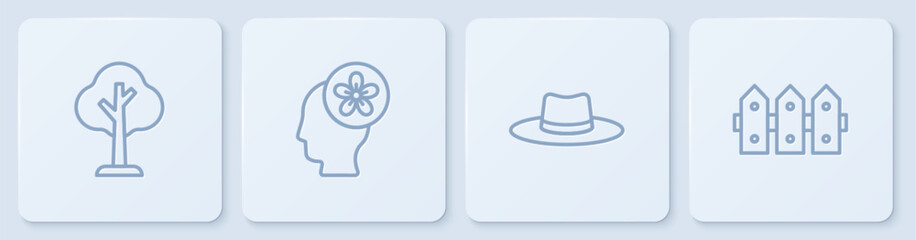 Set line Forest, Gardener worker hat, Human head with flower inside and fence wooden. White square button. Vector