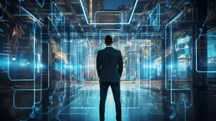 Business man interacting with hologram screen in futuristic office. Future technology concept