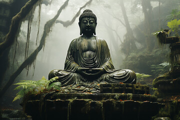 Foggy Buddha Sculpture - obrazy, fototapety, plakaty
