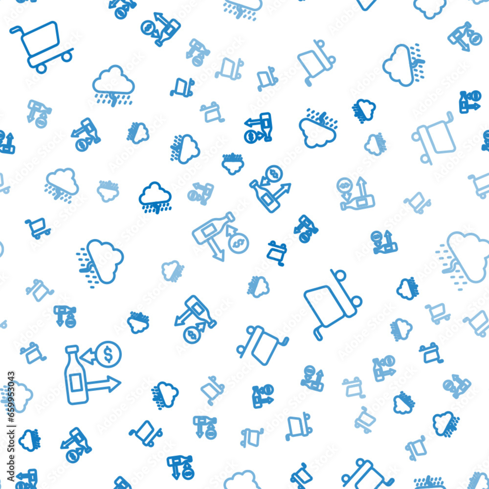 Poster set line reception of glass bottles, shopping cart and cloud with rain on seamless pattern. vector