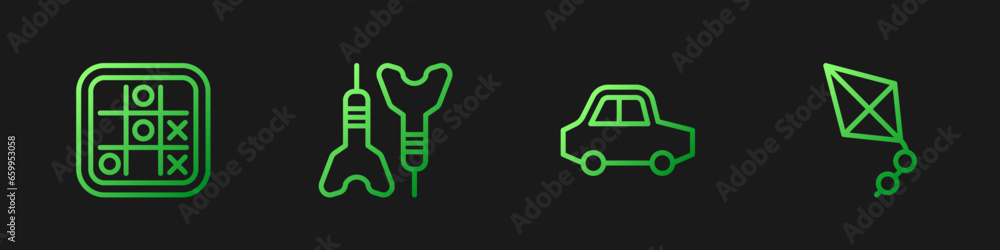 Poster set line toy car, tic tac toe game, dart arrow and kite. gradient color icons. vector