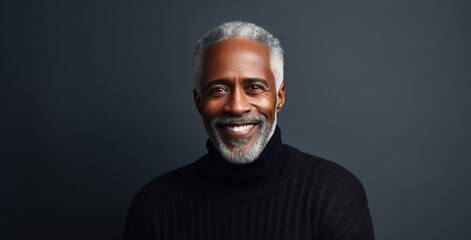 Obraz premium Beautiful black man with smooth healthy face skin. Gorgeous aging mature man with gray hair and happy smiling. Beauty and cosmetics skincare advertising concept.