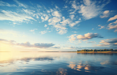 Obraz premium Wide view of lake. Blue-sky in sunset. Background concept.