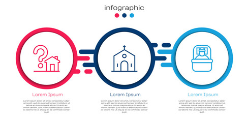 Set line House with question mark, Church building and Sleeping bag. Business infographic template. Vector